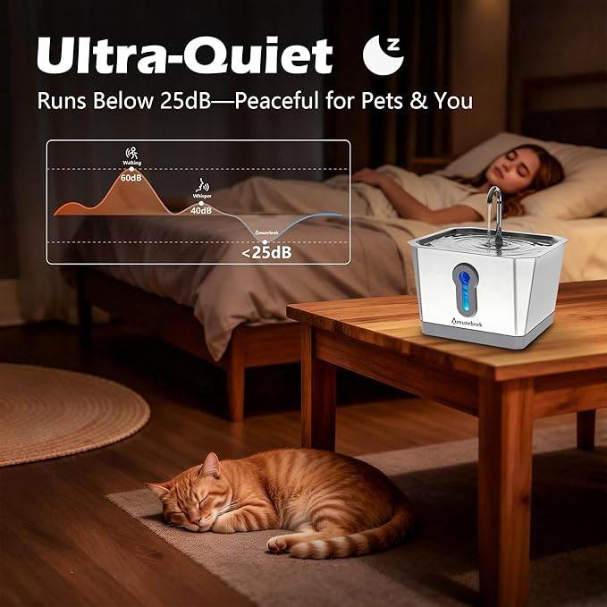 Amunrbrek Wireless Cat Water Fountain, 3.5L Stainless Steel, Smart App & Motion Sensor Control, Battery Operated, Silent Pump, Low Water Alert & Drinking Tracking