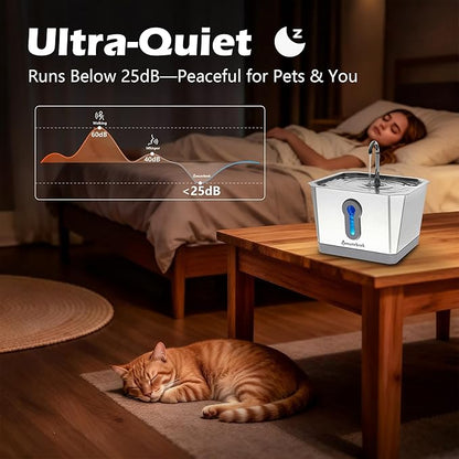 Amunrbrek Wireless Cat Water Fountain, 3.5L Stainless Steel, Smart App & Motion Sensor Control, Battery Operated, Silent Pump, Low Water Alert & Drinking Tracking