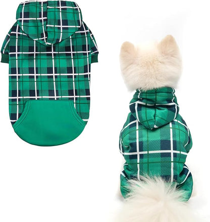 EXPAWLORER Plaid Dog Hoodie - British Style Warm Dog Sweater Shirt with Leash Hole,Pitbull Clothes Outfits,Winter Coat Apparel for All Breeds Puppy Girl Boy-Cat Apparel,Green S-Medium