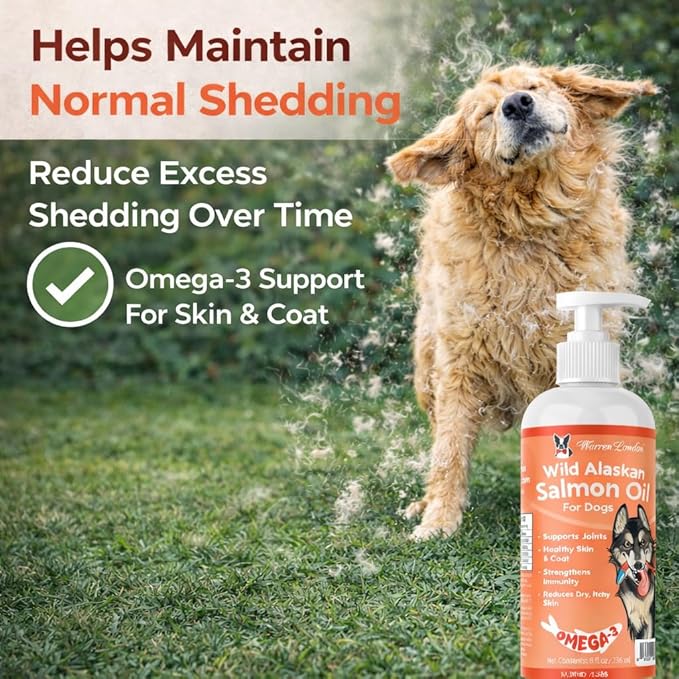 Warren London Wild Alaskan Salmon Oil for Dogs – Omega-3 Fish Oil Food Topper Pump with EPA & DHA for Skin & Coat, Shedding, Joint & Immune Support – Made in USA, 8 oz