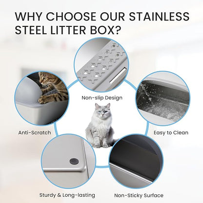 Simple Deluxe XL Stainless Steel Litter Box with Lid, Extra Large Cat Litter Box for Big Cats, High-Sided Anti-Leakage Metal Litter Tray, Non-Stick Bottom, Easy to Clean, Light Gray