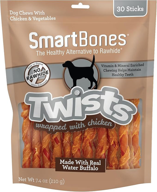 SmartBones Twists Wrapped with Chicken Made with Real Water Buffalo, 30 Count, Rawhide-Free Chews for Dogs, 7.40 Ounce (Pack of 1)