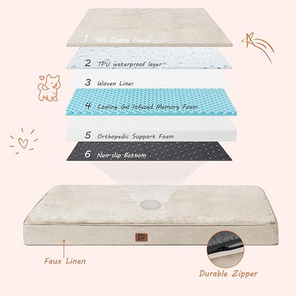EHEYCIGA Waterproof Dog Bed Memory Foam 36x27, Orthopedic Dog Beds Mat for Large Dogs with Removable Cover, Beige