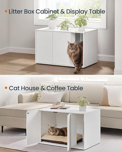 SONGMICS HOME Cat Litter Box Enclosure, Superfast Toolless Assembly, Litter Box Furniture for Large Cats, Display Side Table, Push-to-Open Doors, Minimalist Modern, Snow White UPCL013W01