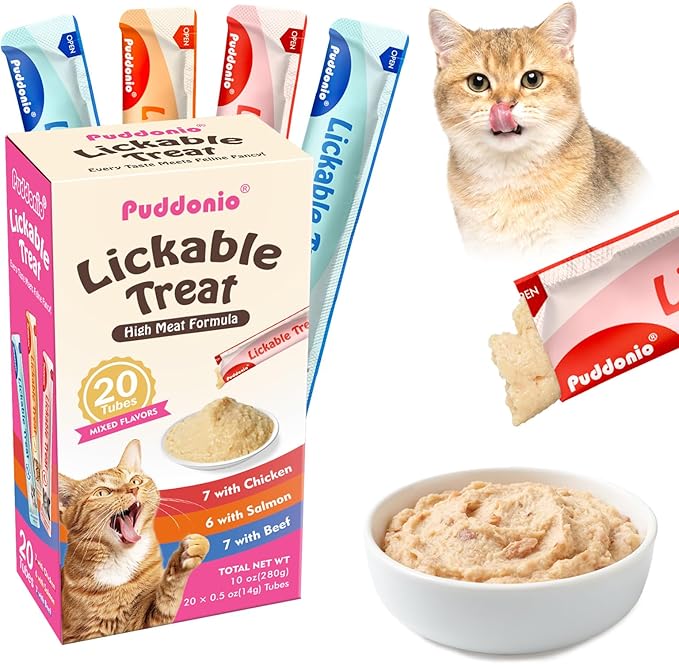 Lickable Cat Treats, High-Meat Puree, Grain & Gum Free, High Protein, No Additives, 0.5oz Tubes (Pack of 20)