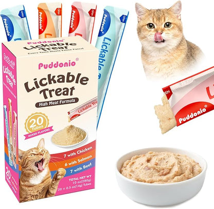 Lickable Cat Treats, High-Meat Puree, Grain & Gum Free, High Protein, No Additives, 0.5oz Tubes (Pack of 20)