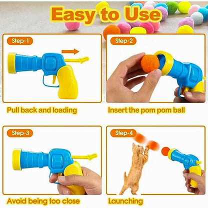 30 Pcs Soft Pom Pom Balls for Kittens with Cat Ball Launcher Toy, Interactive Plush Toy for Kitten Training and Play - Pet Products for Cats (3.0 CM with Bloster)