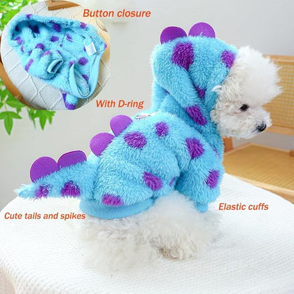 Dinosaur Dog Clothes for Small Dog Girl Boy, Fleece Winter Puppy Hoodies with Leash Ring, Cold Weather Coat for Cat, Funny Dinosaur Costume for Christmas Halloween. (Blue-2, X-Small)