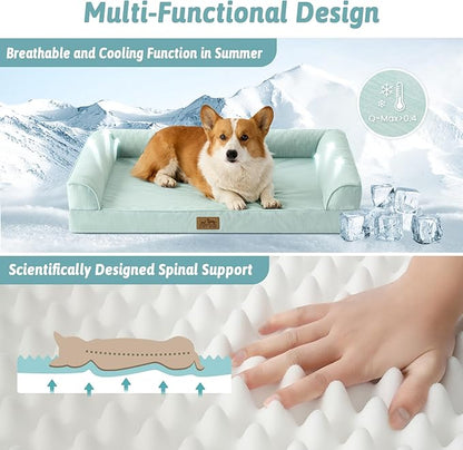 Cooling Dog Bed, Orthopedic Foam Dog Bed with Sides, Removable Cover & Waterproof Lining and Nonskid Bottom, Comfortable Pet Beds for Medium Dogs, Green (36" L x 27" W x 6.5" Th)