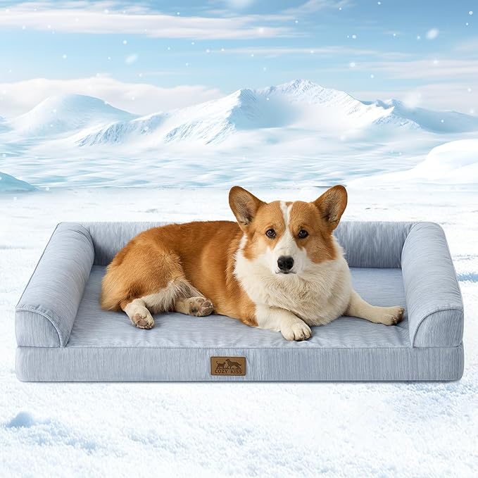Cooling Dog Bed, Orthopedic Foam Dog Bed with Sides, Removable Cover & Waterproof Lining and Nonskid Bottom, Comfortable Pet Beds for Medium Dogs, Blue (36" L x 27" W x 6.5" Th)