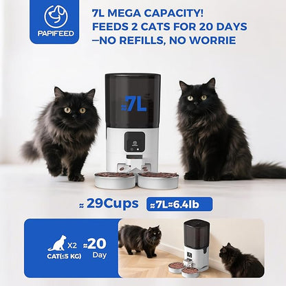PAPIFEED Automatic Cat Feeder 2 Cats, 2.4G WiFi Cat Food Dispenser with App Control, 7L Slow Feed Timed Cat Feeders for Dry Food, 10 Meals/Day, 12 Portions/Meal, Dual Power Supply - White