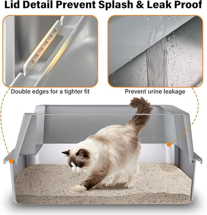 Medium Stainless Steel Litter Box with Lid, Metal Cat Litter Box with Covered, Easy Clean Non Stick No Smell