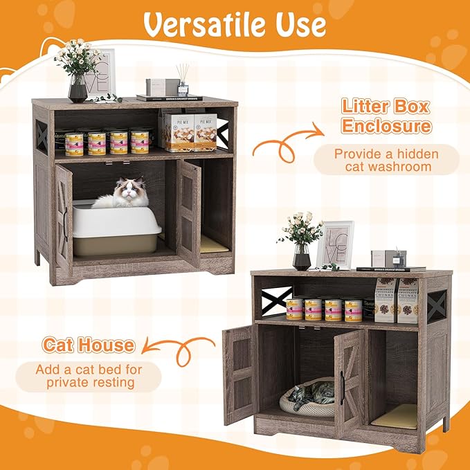 PETSITE Farmhouse Cat Litter Box Enclosure, Hidden Litter Box Enclosure Furniture with Open Storage Compartment, and Sisal Scratching Pad, Grey-Brown