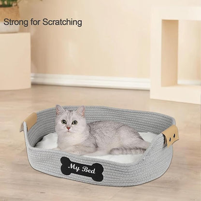 Cat Beds for Indoor Cats, 21.6''X15.7'' Cotton Rope Kitty Nap Bed with Soft Cushion, Handwoven Basket - Scratch Resistant