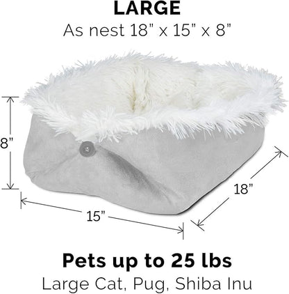 Furhaven Self-Warming Cat Bed for Indoor Cats, 4-Beds-in-1 & Washable - Plush Long Faux Fur Convertible Cuddler - Silver, Large
