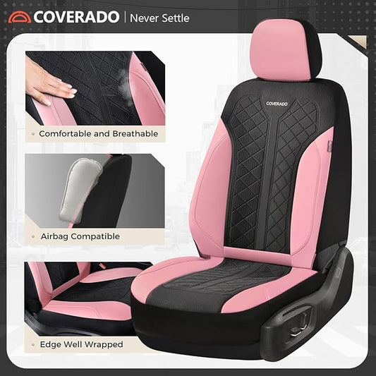 Coverado Car Seat Covers 2-Pack, Luxury Front Seat Covers, Automotive Car Seat Protectors, Pink Driver Seat Covers Universal Fit for SUVs, Trucks, Sedans
