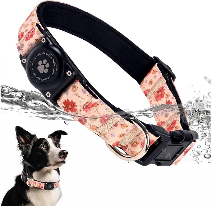 Upgrade Dog Collar with AirTag Holder, IP68 Waterproof, Peach Blossom, M | Built-in Water Resistant AirTag holder, 1000D Nylon, Reflective Stitching for Night Visibility, Soft padding for Comfort