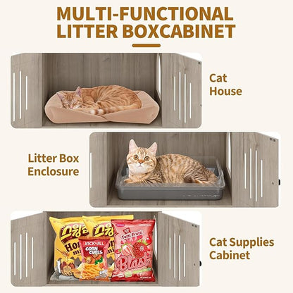 Cat Litter Box Enclosure with Cat Tree Tower and Condo, Hidden Cat Washroom Furniture with Sisal Scratching Post and Soft Plush Perch, Wooden Cat Furniture with Multiple Platforms
