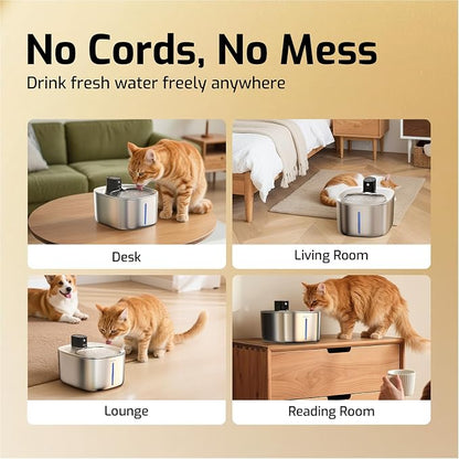 Cat Water Fountain Stainless Steel,152oz/4L Wireless Pet Fountain Battery Operated,Quiet Filtered Pet Water Fountain,Automatic Water Bowl for Cats Dogs with Motion Sensor 5 Filters