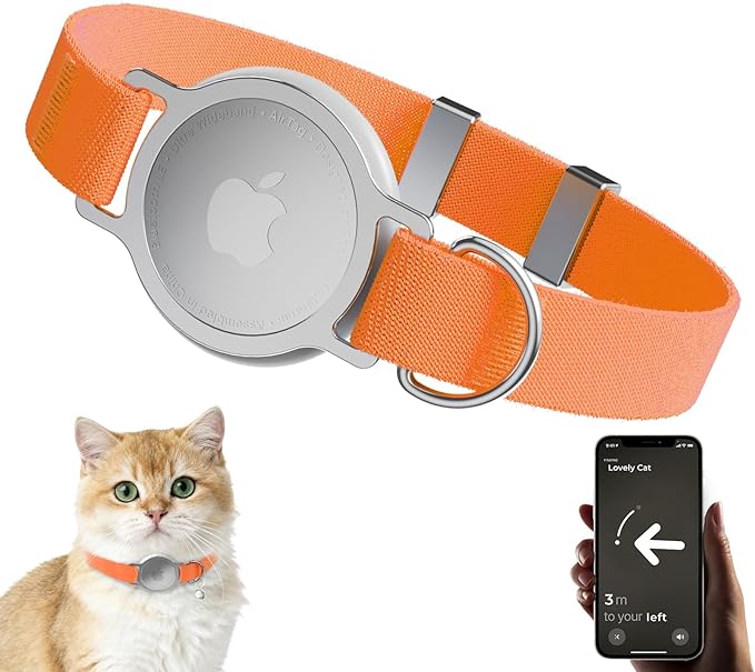 AirTag Cat Collar, Ultra Elastic Cat Tracker Collar with Apple Air Tag Holder, [Lightweight & Scratch Resistant] Stepless Adjustable GPS Pet Tracking Collars for Cats Kittens (Orange)