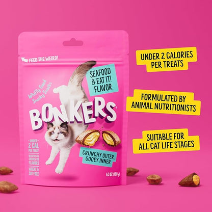 Bonkers Bites, Crunchy & Soft Seafood & Eat It! Flavor Cat Treats, Low Calorie Pet Treats, Training Treats or Food Topper, 3 OZ Resealable Bag for All Breeds and Ages, Value Pack (10 Pack)