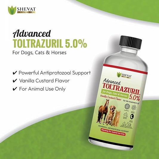 SHEVAT VITAMINS Advanced Toltrazuril 5.0% for Dogs, Cats & Horses – Vanilla Flavor – Oral Suspension – Easy-Dose Liquid – Includes 3 mL Dropper – Animal Use Only (120ml)