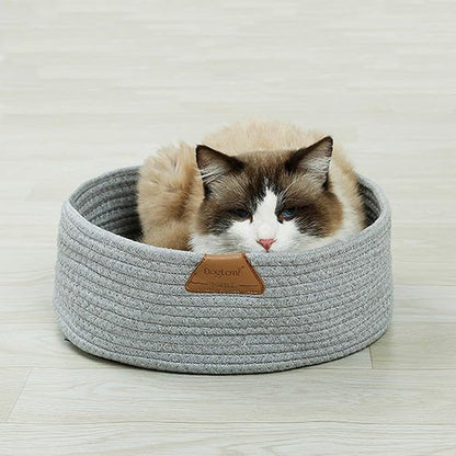 Cat Bed Basket Nest Round Cotton Rope Woven Warm Medium,Pet Sleeping Bed House Cute Fun Scratcher Scratching Scratch Mat Pad for Puppy Small Dogs Indoor Play Eco Washable Winter Summer (Gray)