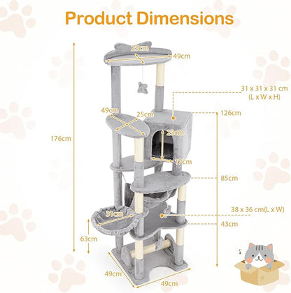 PETSITE 69 Inch Tall Cat Tree, Multi-Level Grey Cat Tower with Sisal Scratching Posts, Cat Condo, Basket Bed, Hammock, Basket Bed, and Hanging Toys, Modern Cat Tree Tower for Indoor Cats