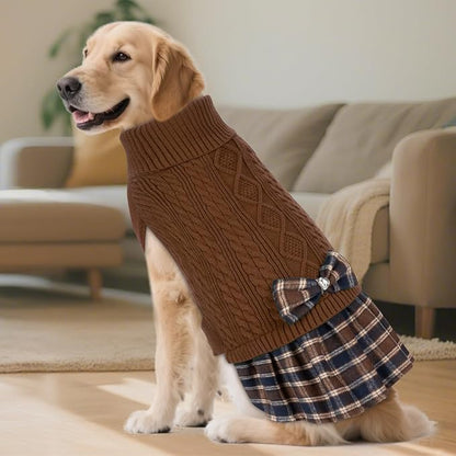 KYEESE Dog Sweater Stretchy Pet Coats Soft Pullover Dogs Clothes Thick Knitwear Pet Sweater Dress Comfy Dog Sweaters for Medium Dogs Boy Warm Turtleneck Pets Sweaters with Bowtie, Brown, XX-Large