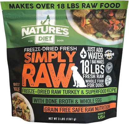 Nature's Diet Simply Raw Freeze-Dried Raw Whole Food Meal - Makes 18 Lbs Fresh Food With Muscle, Organ, Bone Broth, Whole Egg, Superfoods, Fish Oil Omega 3, 6, 9, Probiotics & Prebiotics (Turkey)