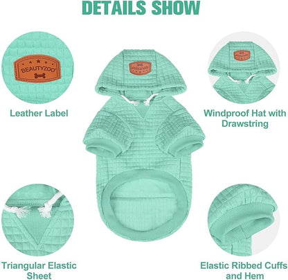 BEAUTYZOO Small Dog Hoodie Sweater with Pockets, Dog Clothes for Small Medium Dogs Boy Girl, Waffle-Like Laminated Cotton Pet Coats with Hat and Leash Hole, Mint Green XXS