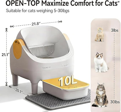 Thereye Automatic Litter Box, Open-Top Self Cleaning Litter Box with APP Control, Safety Sensors and 10L Large Waste Bin, Smart Auto Litter Box with 2 Roll Trash Bags, Mat for Multiple Cats
