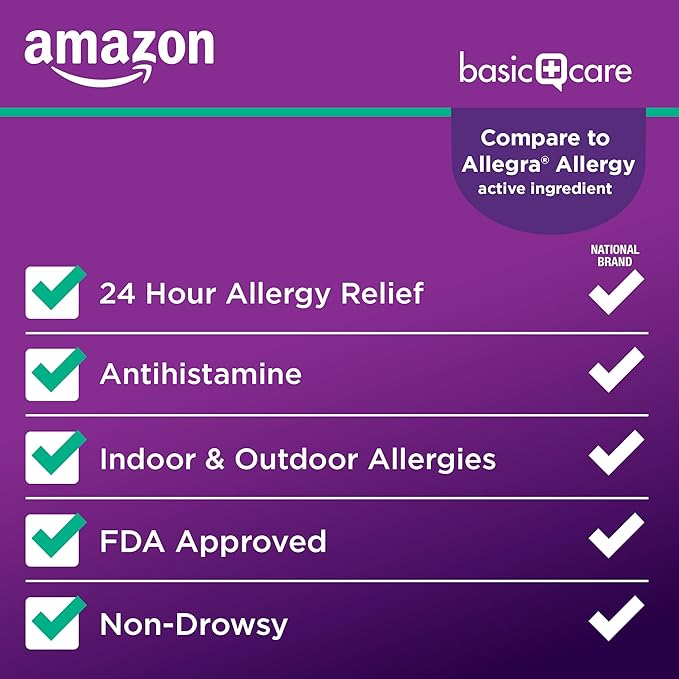 Amazon Basic Care All Day Allergy Relief, Fexofenadine Hydrochloride, 180 mg, Antihistamine, Non-Drowsy, 24-Hour Relief, Cool Mint Coated Tablets, 70 Count