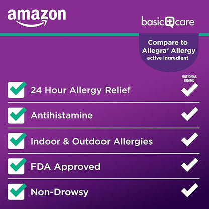 Amazon Basic Care All Day Allergy Relief, Fexofenadine Hydrochloride, 180 mg, Antihistamine, Non-Drowsy, 24-Hour Relief, Cool Mint Coated Tablets, 70 Count