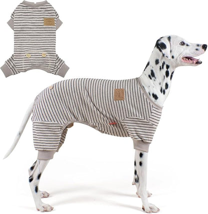 KYEESE Dog Pajamas Striped Clothes Pet PJS Lightweight Doggie Jammies 4 Legs Outfit Soft Dog Pajamas Cozy Pet Clothes Onesie Comfortable PJS Medium Dogs Doggie Onesie,Ivory Brown Striped, XX-Large