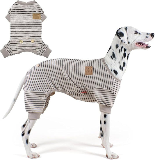 KYEESE Dog Pajamas Striped Clothes Pet PJS Lightweight Doggie Jammies 4 Legs Outfit Soft Dog Pajamas Cozy Pet Clothes Onesie Comfortable PJS Medium Dogs Doggie Onesie,Ivory Brown Striped, XX-Large