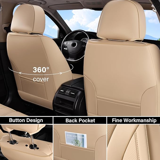 Coverado Waterproof Nappa Leather Car Seat Covers, Automotive Fullset Seat Covers, 5 Seat Car Seat Cushion & Car Seat Protector, Beige Front and Rear Covers Universal Fit for Most Cars, SUVs, Trucks