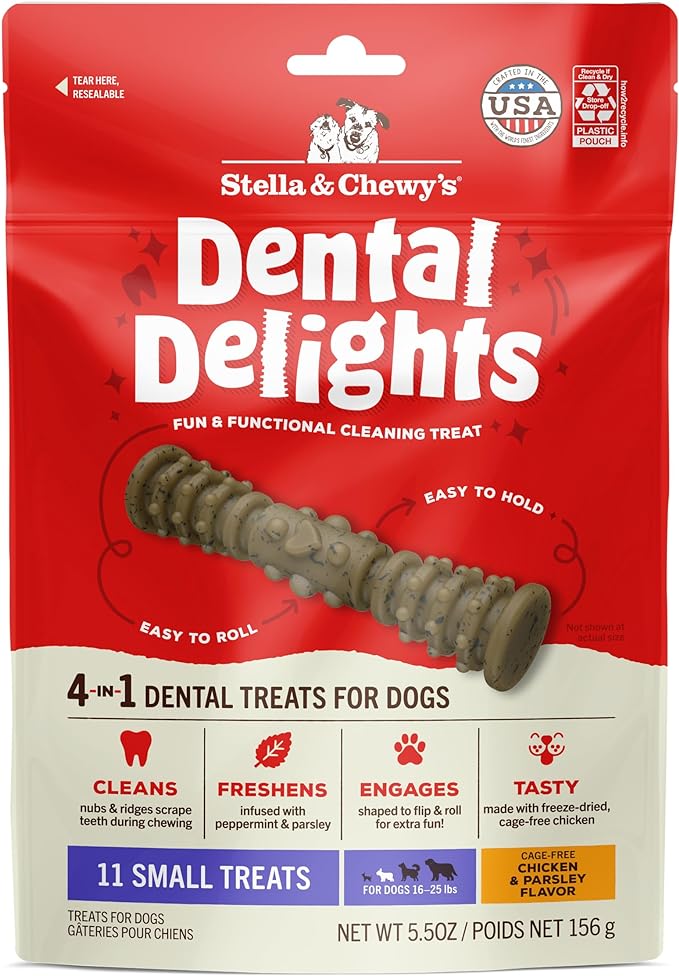 Stella & Chewy's Dental Delights - Freeze-Dried Raw Chicken Dental Treats for Small Dogs - Teeth Cleaning & Breath Freshening Chews with Ridges & Nubs - Made in USA - 5.5 oz - 11 Small Treats