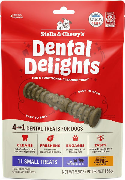 Stella & Chewy's Dental Delights - Freeze-Dried Raw Chicken Dental Treats for Small Dogs - Teeth Cleaning & Breath Freshening Chews with Ridges & Nubs - Made in USA - 5.5 oz - 11 Small Treats