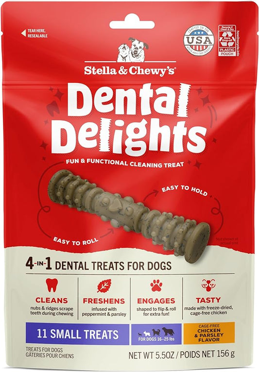 Stella & Chewy's Dental Delights - Freeze-Dried Raw Chicken Dental Treats for Small Dogs - Teeth Cleaning & Breath Freshening Chews with Ridges & Nubs - Made in USA - 5.5 oz - 11 Small Treats