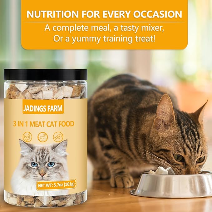 Freeze Dried Cat Food, 3 in 1 Natural Freeze Dried Meat - Chicken, Duck, and Salmon Recipe for Cats, Grain-Free Protein Rich Cat Kitten Food 5.7oz