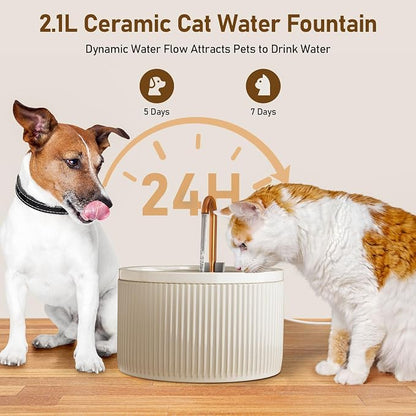 DOOOB Ceramic Cat Water Fountain 2.1L/71oz Ceramic Cat Fountains | Automatic Pet Water Fountain for Cats Pet Water Fountain with Ultra-Quiet Pump and 3 Filters & 3 Sponges (Beige)