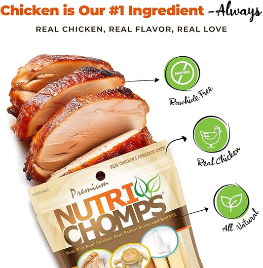 Nutri Chomps Dog Chews, 5-inch Twists, Easy to Digest, Rawhide-Free Dog Treats, 15 Count, Real Chicken, Peanut Butter and Milk flavors
