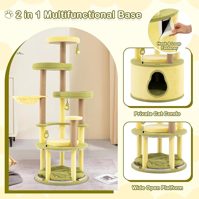 PETSITE 62.5 Inch Avocado-Themed Cat Tree, Multi-Level Modern Cat Tower with Jute Scratching Posts, Cat Condo, Dangling and Spring Toy, and Removable Cushions, Cute Cat Tree Tower for Indoor Cats