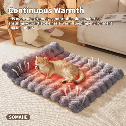 Plush Faux Fur Pet Bed Mat with Non-Slip Bottom, Self-Warming Cat Bed, Washable Pet Bed with Pillow for Cats & Medium Dogs, Machine Washable, 27x20 Inch, Grey