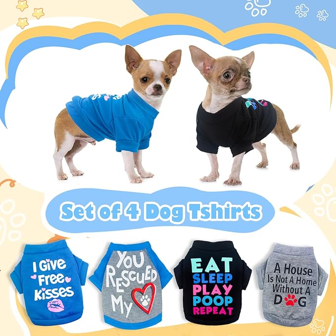 4 Pieces Dog Clothes for Small Dogs Boy Chihuahua Clothes Summer Pet Shirt Cute Puppy Shirts Outfits Dog T-Shirt (Small)