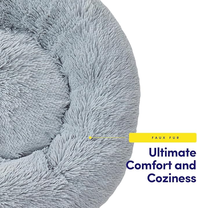 Dog & Cat Bed: Round Faux Fur Pet Bed - Plush, Cozy, & Calming Donut Bed for Large Pets - Soft & Comfortable Sleeping Cushion for Napping & Lounging, 30" Round, Silver