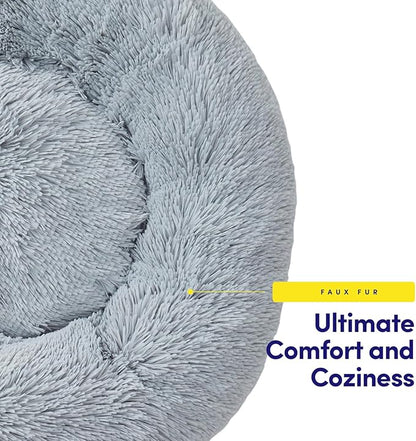 Dog & Cat Bed: Round Faux Fur Pet Bed - Plush, Cozy, & Calming Donut Bed for Medium Pets - Soft & Comfortable Sleeping Cushion for Napping & Lounging, 23" Round, Silver