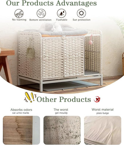SETVSON Cat Litter Box Enclosure Furniture with Divider, Handwoven Rattan Litter Box with Mat, 31.2 x 19.6 x 24.2 Inches, Metal Heightened Feet, Hidden Cat House for Living Room, Bedroom (White)