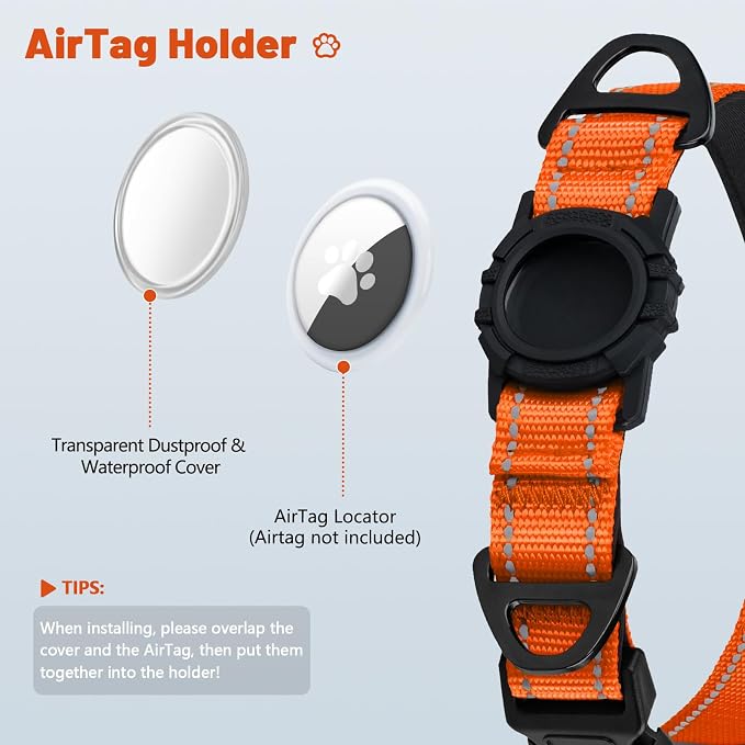 Taglory AirTag Dog Collar with Waterproof Holder for Medium Dogs, Orange, M | Reflective for Night Walks & Low-Light Safety, Track Your Pup Peace of Mind, Adjustable Soft Padded, No More Dangling Tags